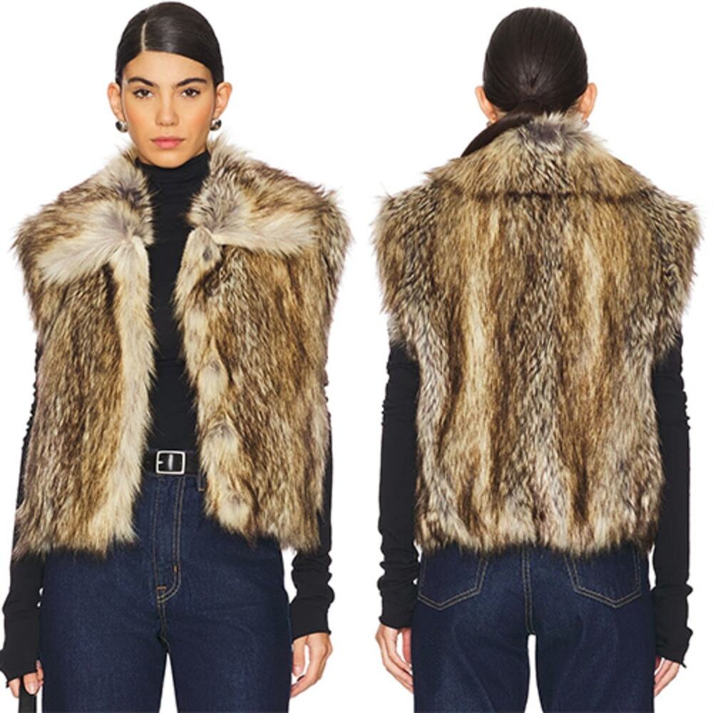 NEW NWT A.L.C. Naya Faux Fur Vest Point Collar Sleeveless Brown Coyote